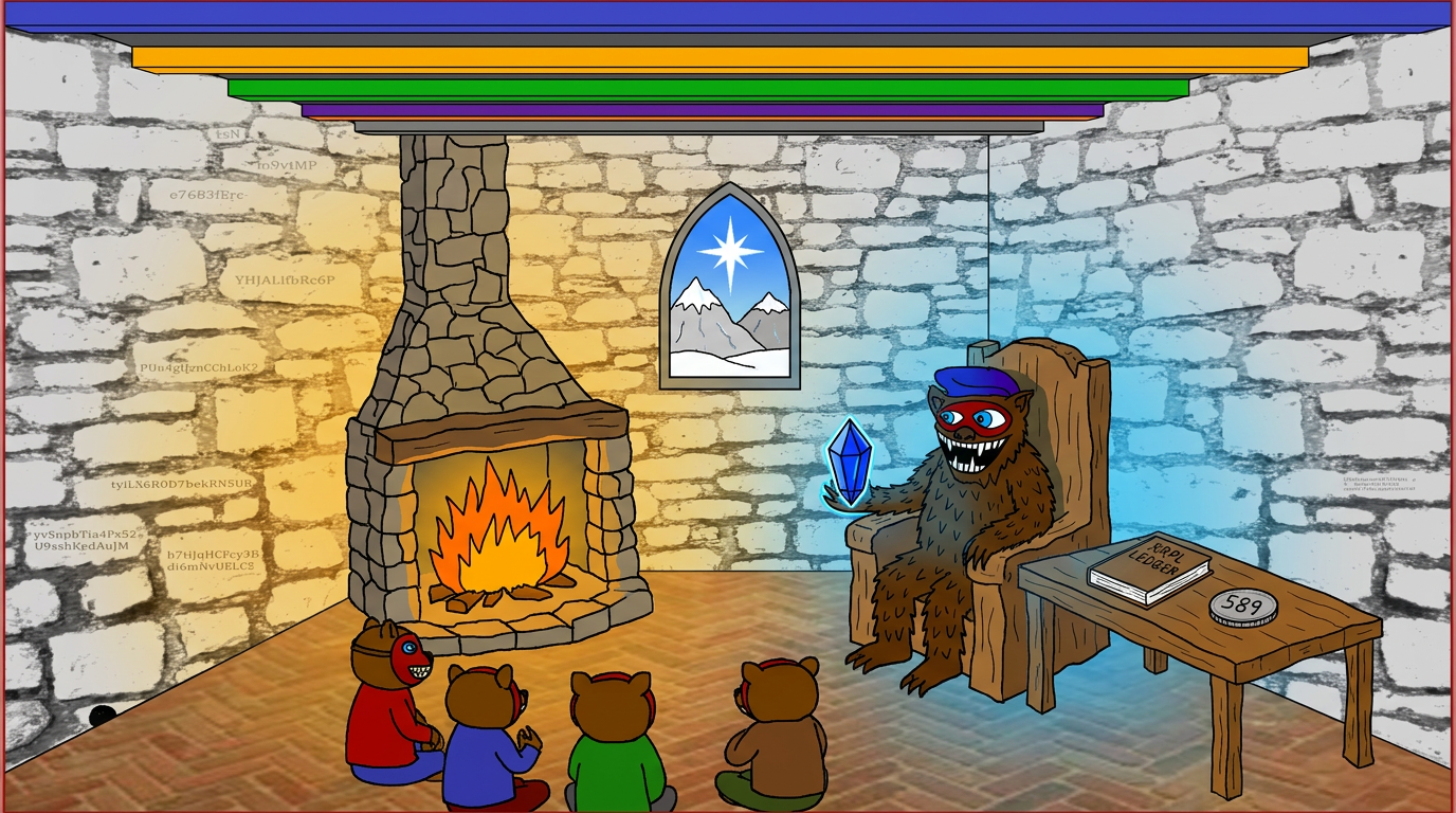 The masked bear by the fireplace with the community gathered