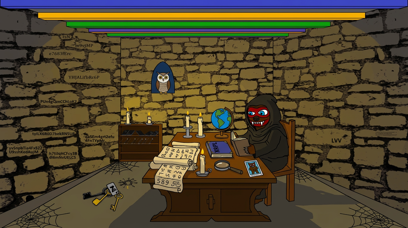 Hooded bear studying riddles by candlelight