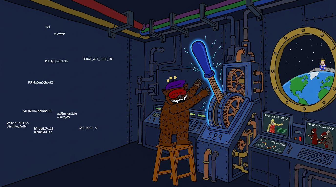 The masked bear pulling a glowing cobalt lever in an engine room